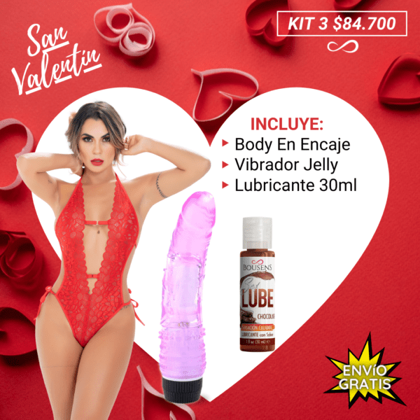 Kit 3 San Valentín Body En Encaje + Vibrador Jelly + Lubricante 30ml